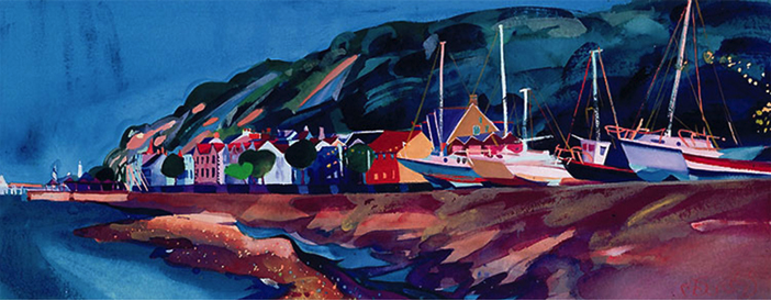 Colourful print of the Mumbles promenade showing boats and the lighthouse with Mumbles Hill in the background.