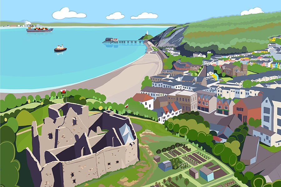Giclee print with an illustration of Oystermouth Castle. 
