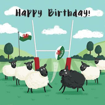 Happy birthday card with sheep playing rugby.