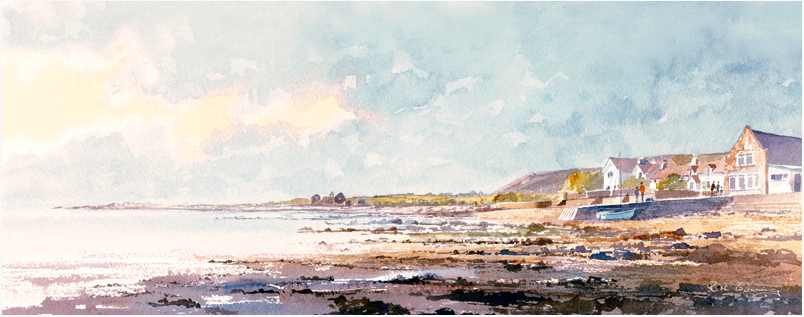 Long print of a watercolour of Port Eynon at low tide.