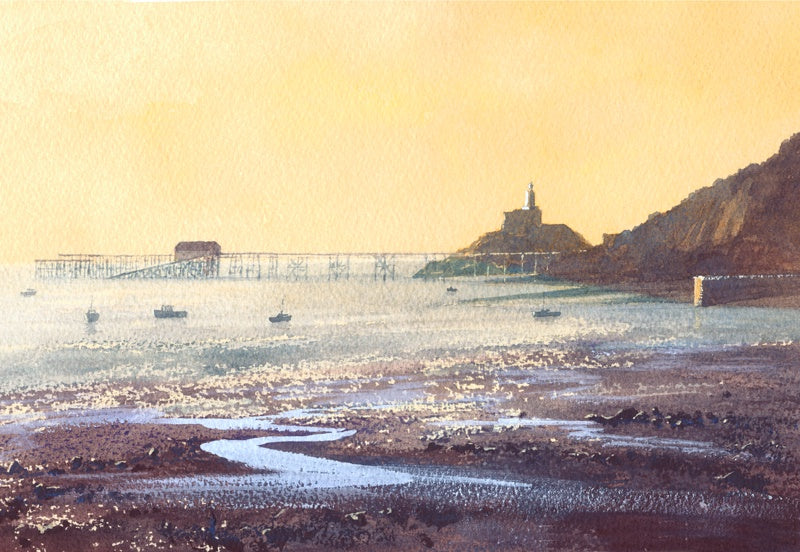 Print of watercolour Mumbles Bay with the tide out at dawn.