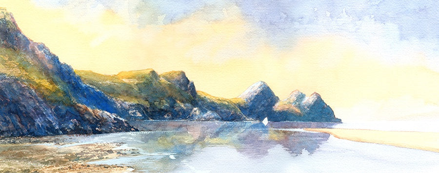 Three Cliffs Bay painted in watercolour by Welsh artist R N Banning