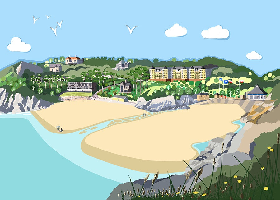 Giclee print illustration of Caswell Bay.