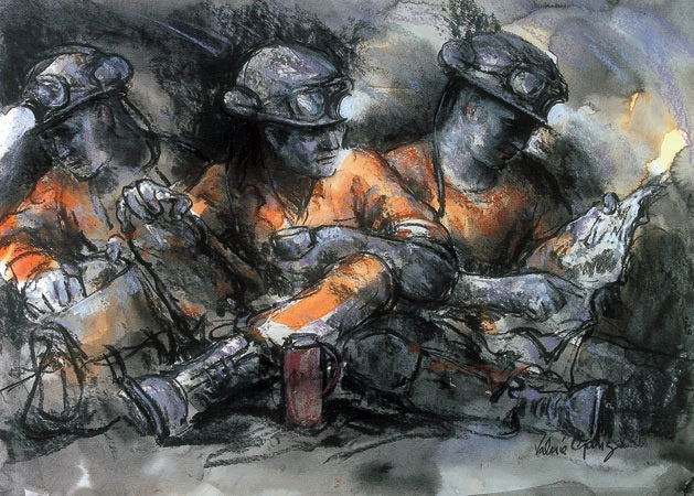 Charcoal sketch of three miners eating in black and orange.