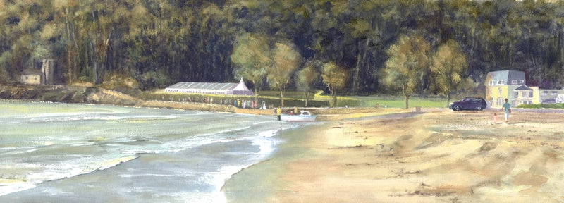 oil painting of Oxwich bay, showing the Oxwich Bay Hotel and a wedding party outside the marquee.