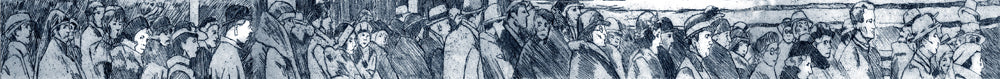 Etching of people queueing by Welsh artist Arwen Banning