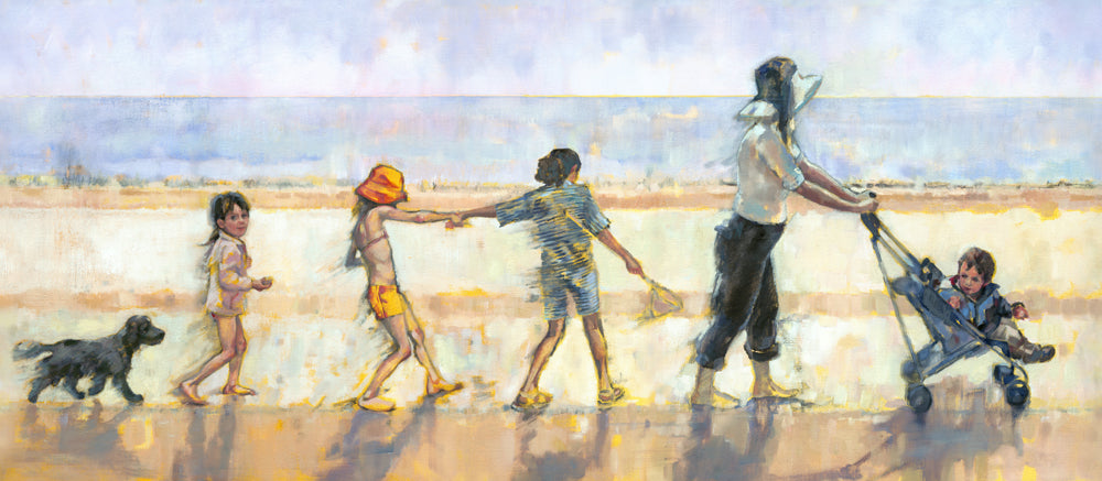 An oil painting of a family walking across the beach one behind the other with their dog following behind, by Arwen Banning