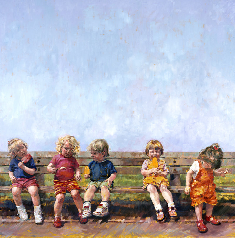 Limited edition print of five children eating ice lollies on a bench in the sunshine.