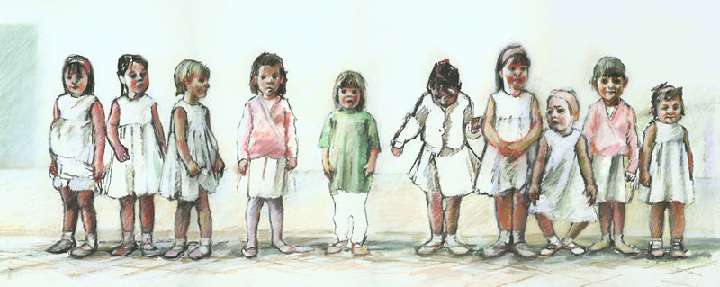 Pastel drawing of a ballet class with a row of young girls one of whom is wearing a green t shirt instead of her ballet dress.
