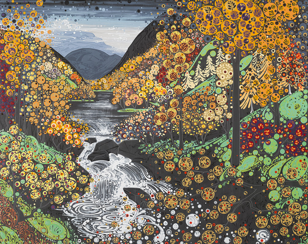 Print depicting a river and small waterfall in the foreground, lined with autumnal foliage.