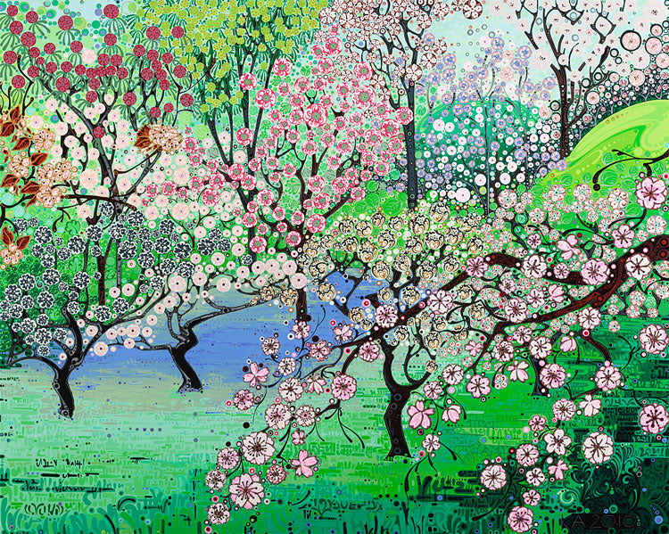Cherry orchard in blossom print. 