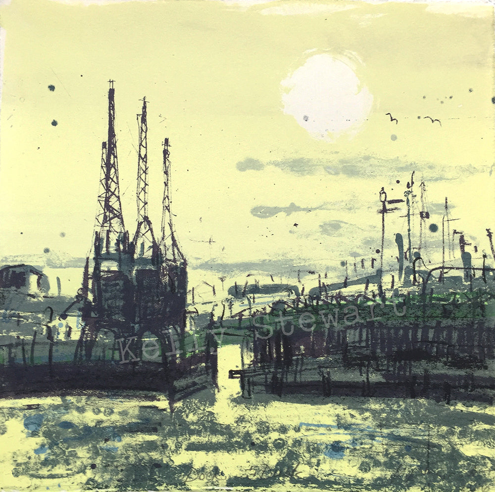 Screen print of a dockyard at dusk.