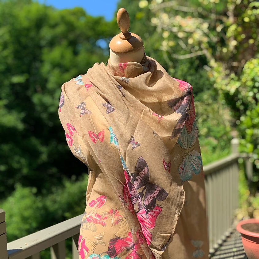 beige summer scarf with pink butterflies and turquoise accents
