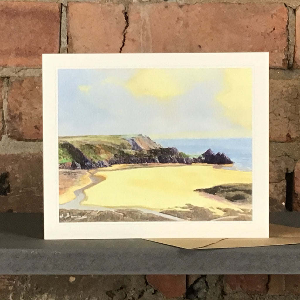 Grettings card of Three Cliffs Bay on a sunny day and the tide out by R N Banning.