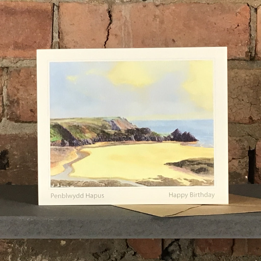 Happy birthday (Penblwydd Hapus) card of Three Cliffs Bay on a sunny day and the tide out by R N Banning.