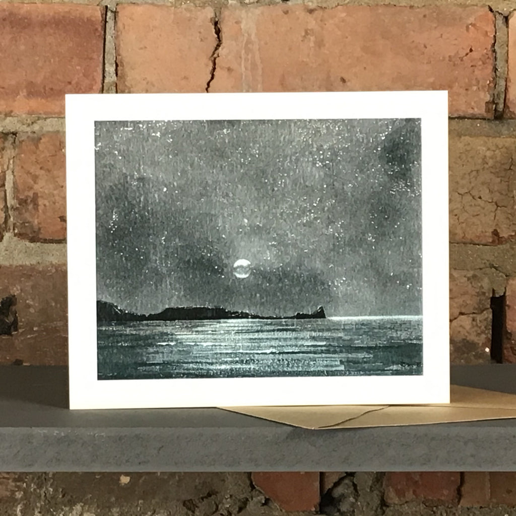 Greetings card of Worms Head at night with full moon.