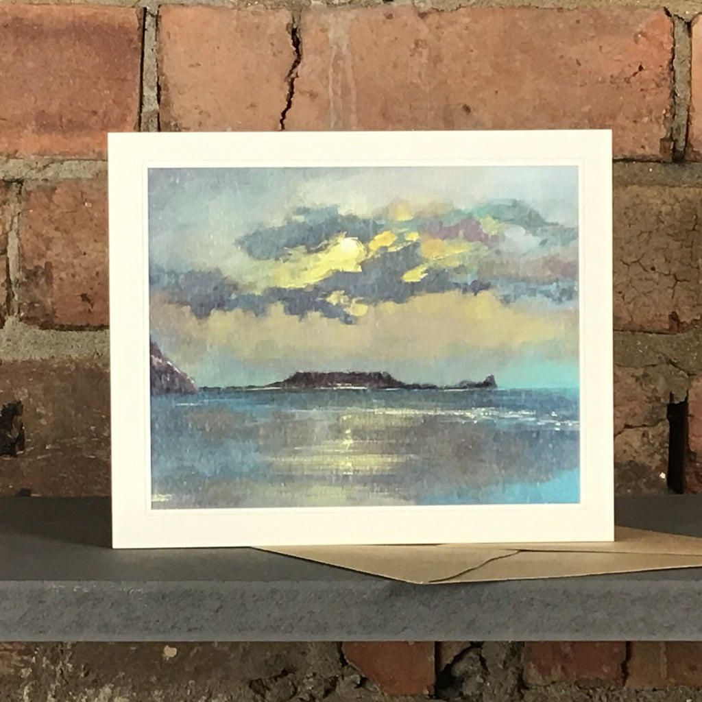 Greetings card with watercolour of Rhossili at twighlight.