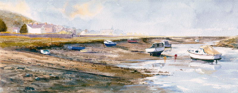 Watercolour painting print of the Estuary at Penclawdd with boats and low tide.