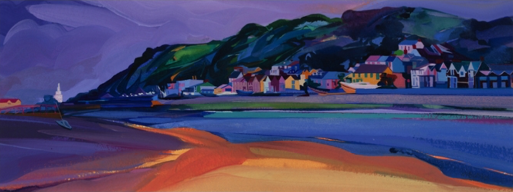 Richly coloured painting of Mumbles Front with the lighthouse and pier by Michelle Scragg
