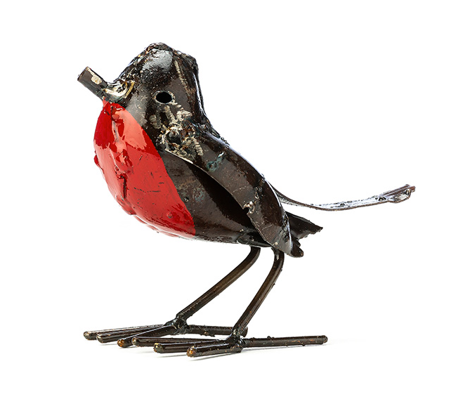 Metal robin sculpture with a bronze coloured body and red chest.