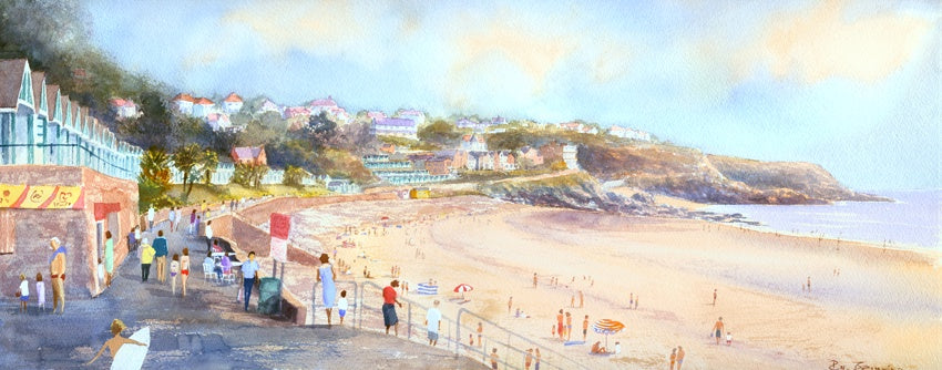 watercolour painting of a sunny day at Langland Bay with beach huts and people on the promenade and the sand.