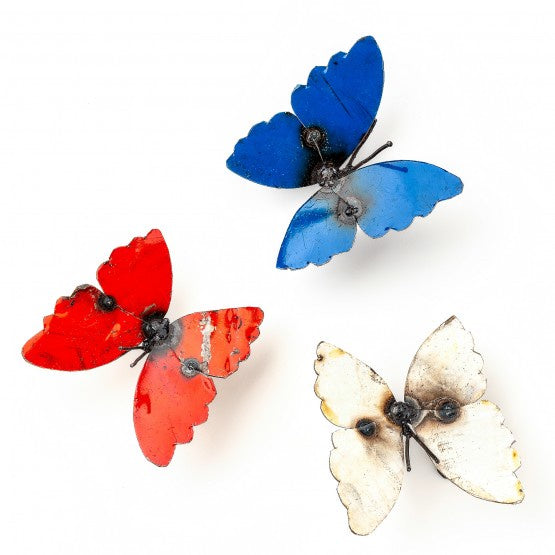 Fair trade metal butterflies in various colours.