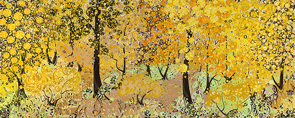 Bright yellow print of a forrest setting in autumn yellow by Katie Allen.