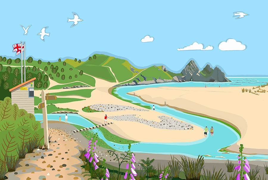 Giclee print with an illustrated design of Three Cliffs Bay.