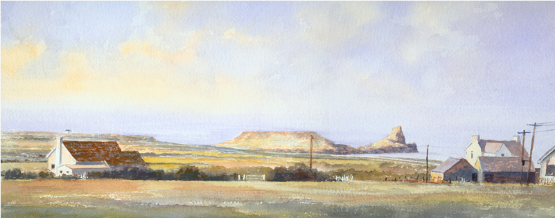 Print of Rhossili during a spring morning, with houses and Worms Head in the background. 