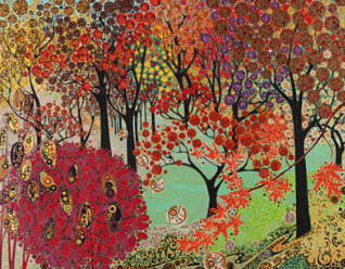 Greetings card of a deep red autumn scene with trees by Katie Allen.