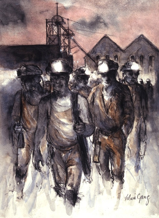 Charcoal and pastel drawing of miners leaving Six Bells Colliery in Abertilly with their miners helmets lit up. 