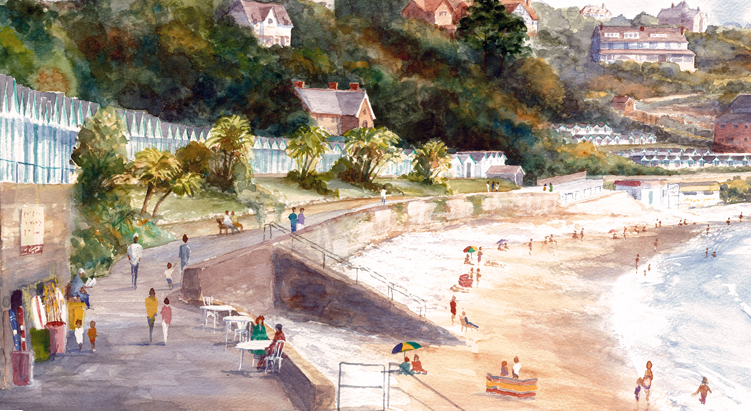 Sunny watercolour of Langland Bay looking down across the sand to the sea with the beach huts running along the promenade  by R N Banning