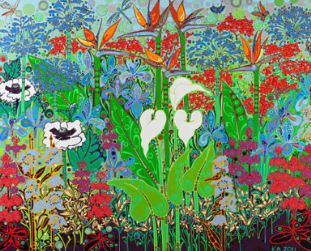 Greetings card with a brightly coloured exotic flowers and foliage painted by the artist Katie Allen.