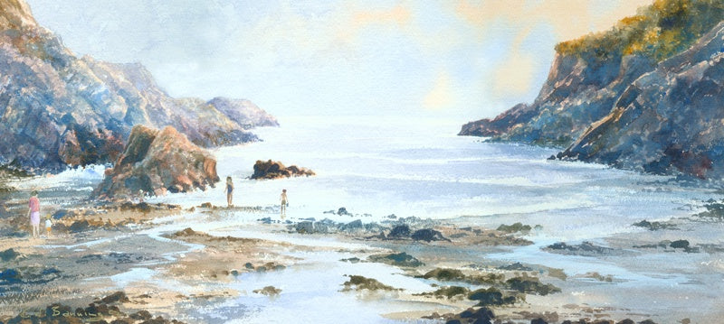 Watercolour of Brandy Cove with children playing in the water as their mum looks on.