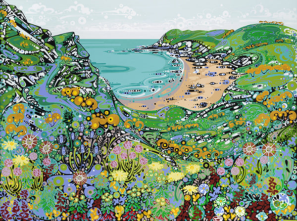 Print of Fall Bay with wildflowers in the foreground, sand and sea in the background.