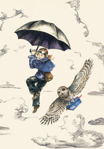 Greetings card with child holding an umbrella and owl with a bag.
