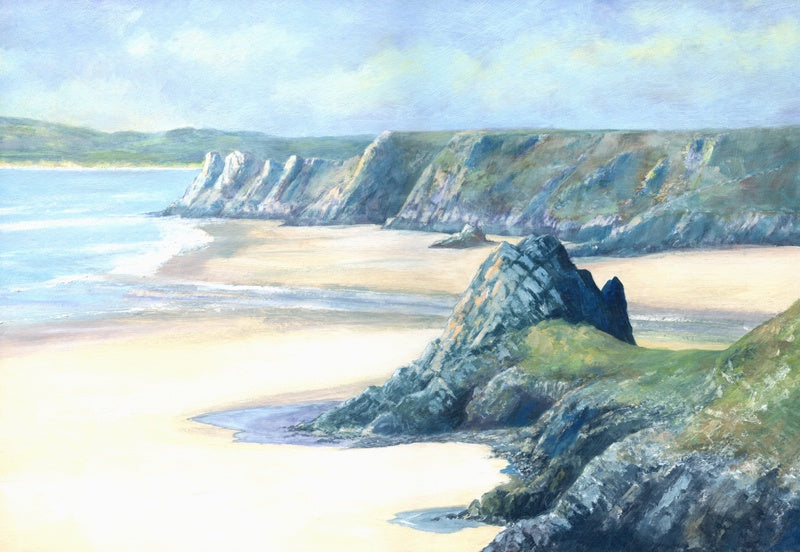 A watercolour painting of Three Cliffs Bay on an august morning by R N Banning.