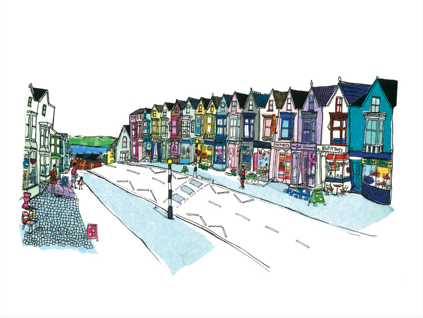 Limited edition sketch print of shops on Newton Road in bright colours.