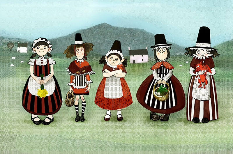Illustration of five traditional Welsh ladies with a humorous twist  with a welsh flannel design mountain behind them.