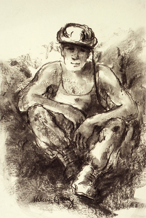 Charcoal drawing of a miner sitting down.