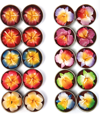 Set of 10 multicoloured lotus flower shaped tea lights.