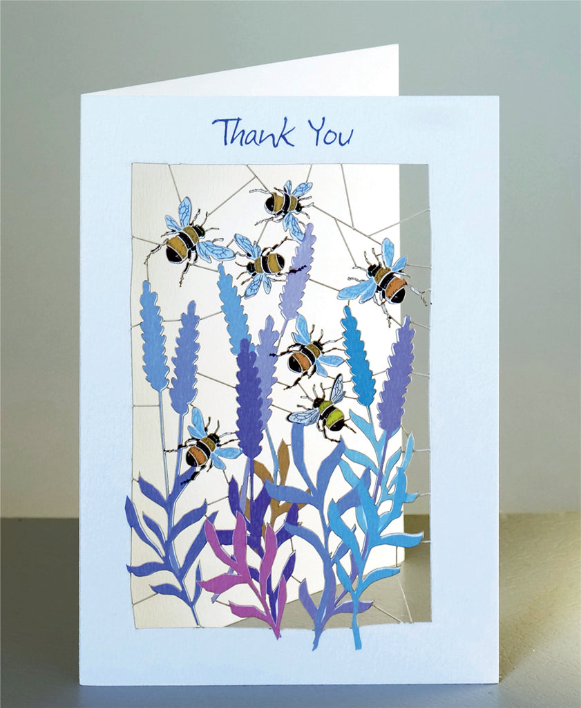 Bumble bees thank you card with lazercut holes, lavender.