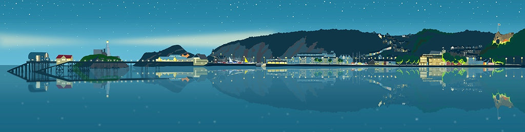 Illustrated giclee print of Mumbles Promenade at dusk. 