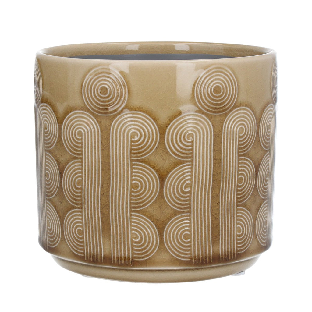 Flower pot with reto circles design in beige or blue.