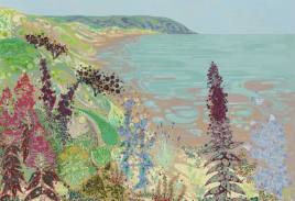 Painting of shoreline with wildflowers in the foreground.