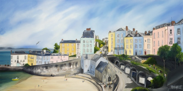 Print of Tenby Harbour with brightly coloured houses on a sunny day.