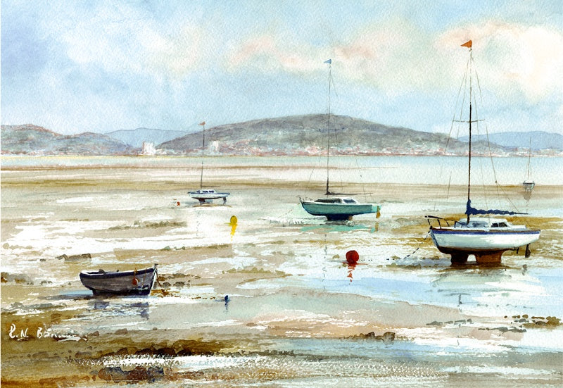 Watercolour print of Mumbles Bay with four boats at low tide.