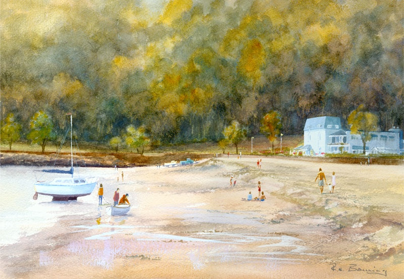 Oxwich Bay with a yacht pulled up on the sand and the Oxwich Bay Hotel highlighted against the woods in the background, painted in watercolour by R N Banning