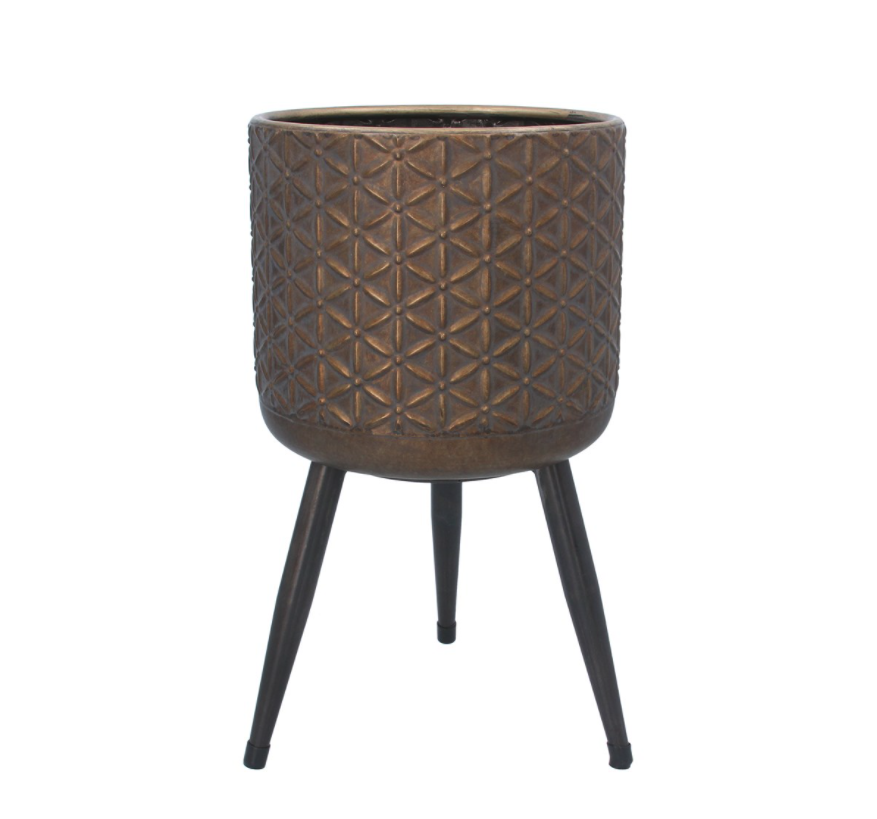 Dull gold metal plant pot cover with legs.