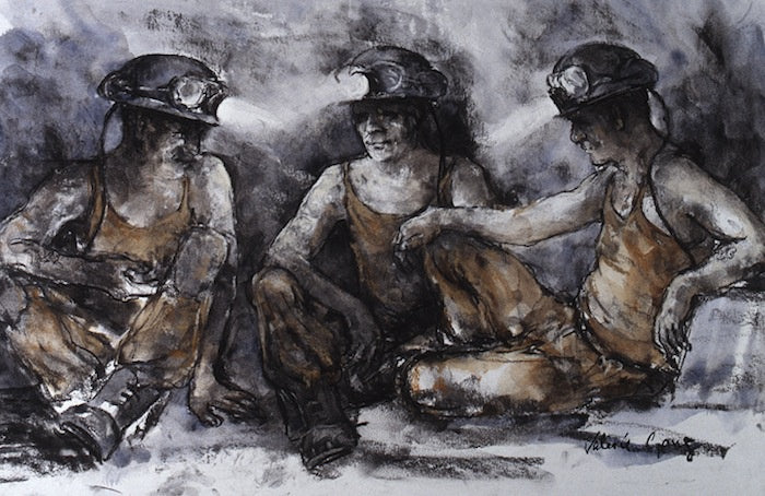Charcoal sketch of three miners talking while sitting down.